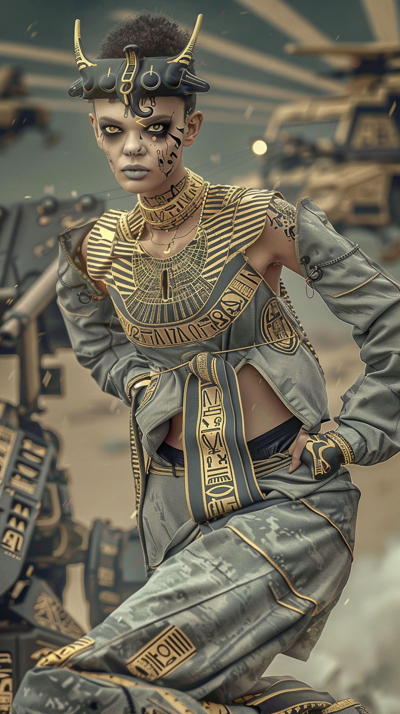 Dutch-angle movie-scene of an amazingly hot Paleofuturistic Egyptian Model-Aviatrice wearing paleofuturistic haute couture jumpsuit with dei...