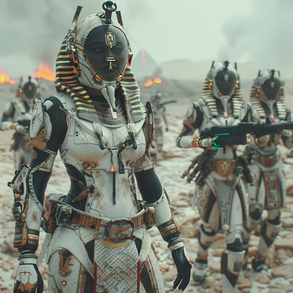 There is a alien landscape background with some small volcanoes. There should be several other in her regiment