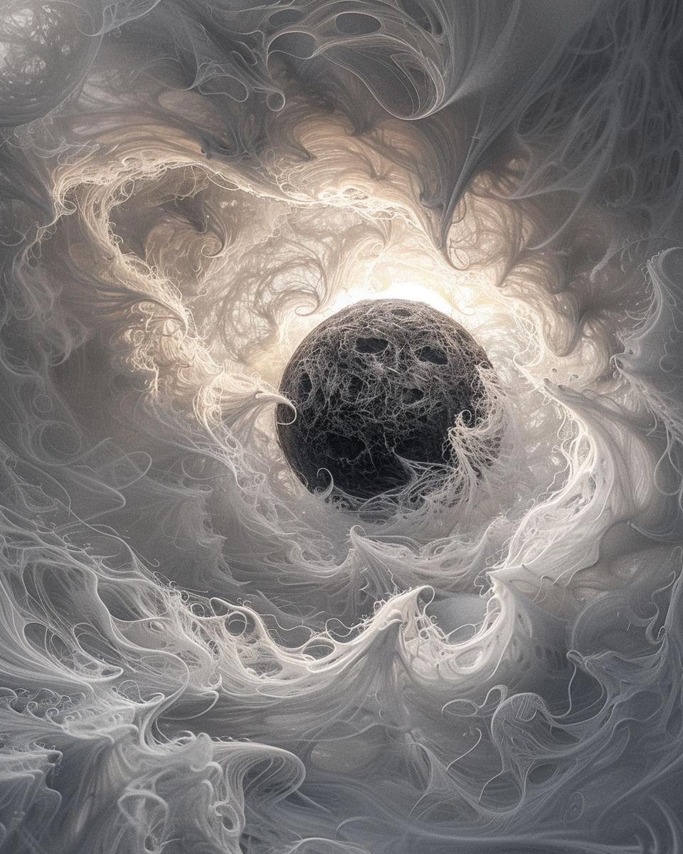 A black sun in the center of an eclipse, surrounded by white and gray smoke