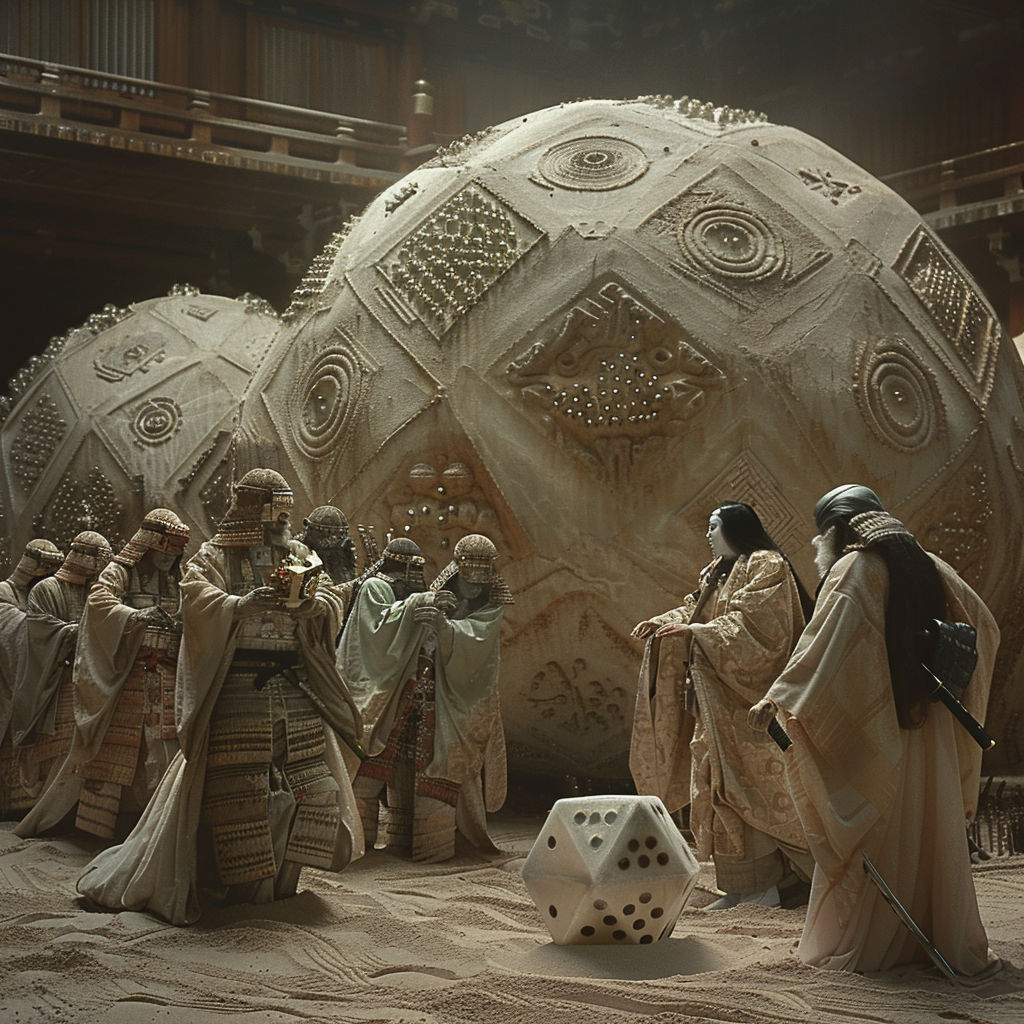 ancient astral-karmic bushido warriors witness the contemporary game of chance, giant dodecahedron dice are being rolled in a threat of crushing dharma