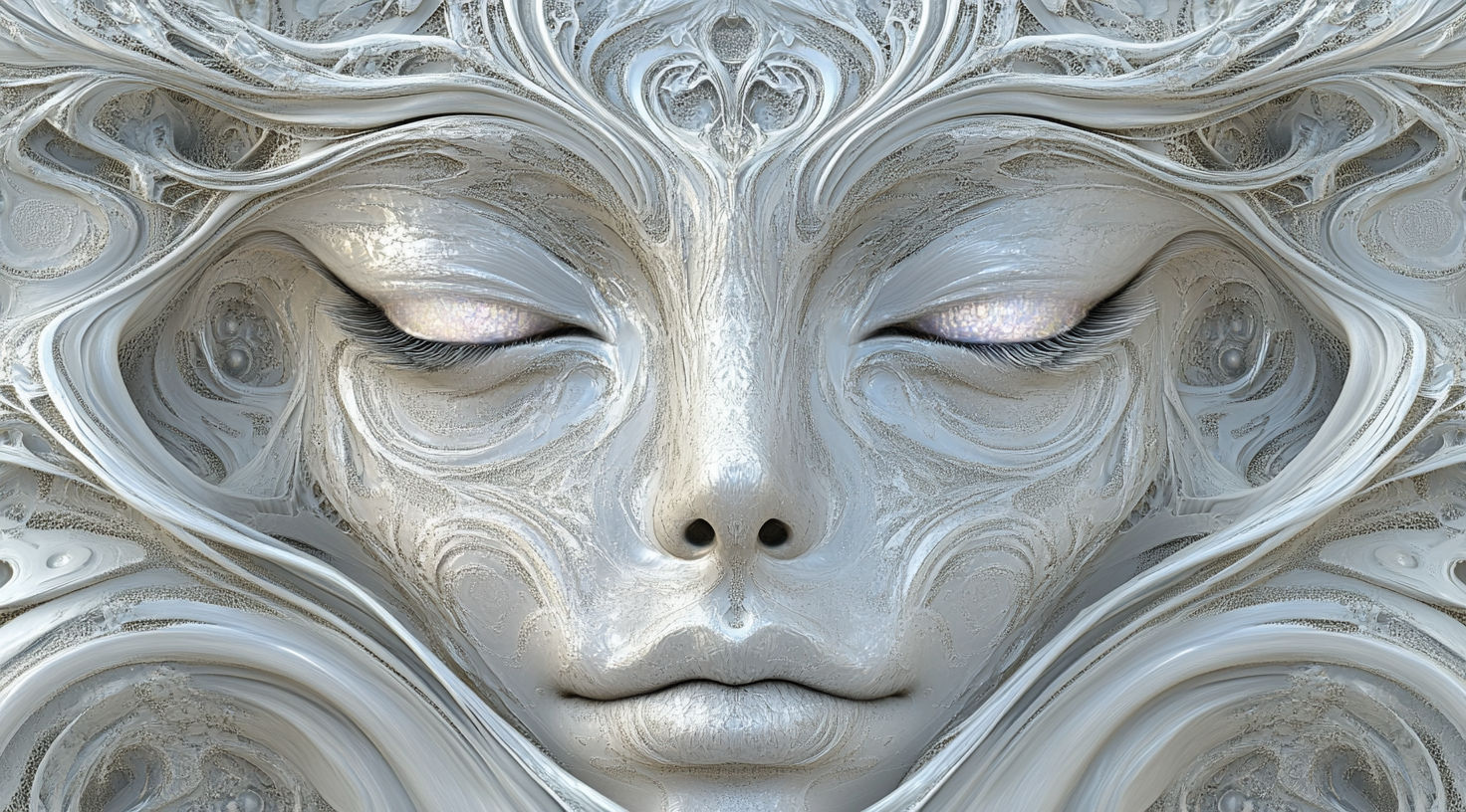 An ethereal face composed of eyes and a nose, symmetrical in a fractal style, in the style of H.R. Giger