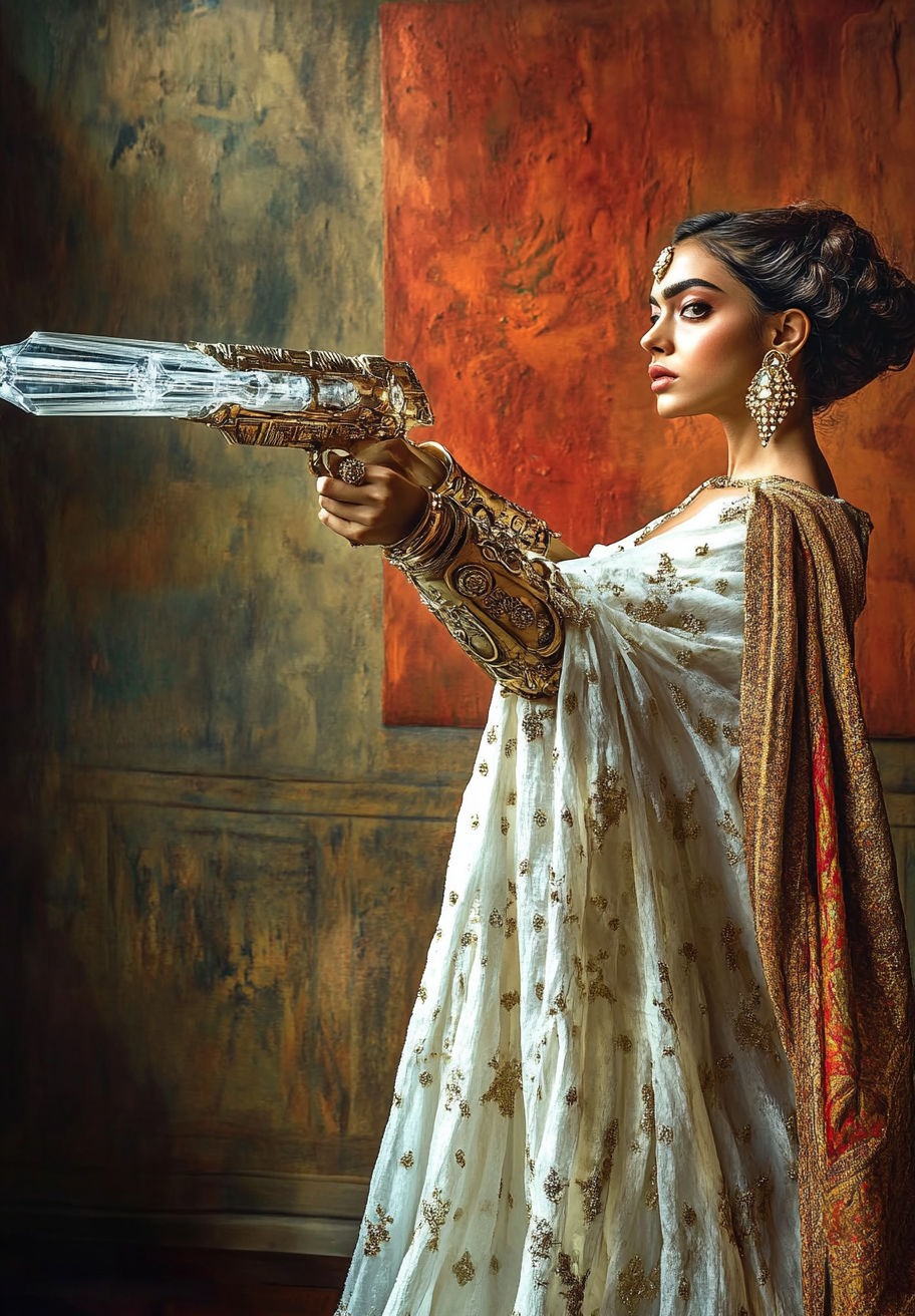 A beautifully lithe model-imperial princess in off-white crystal haute couture holding a laser gun