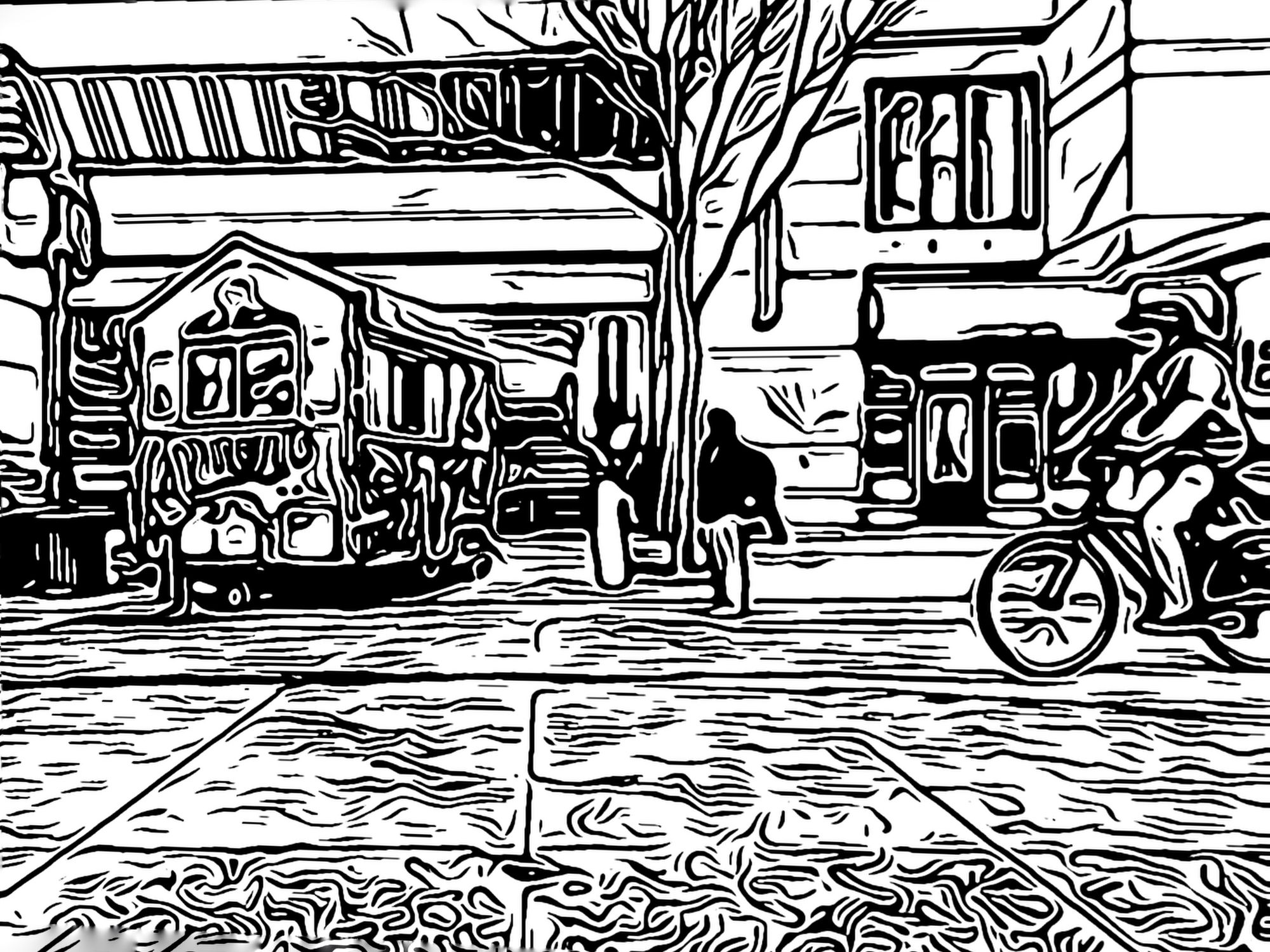 Cinematic street scene in black and white line drawing