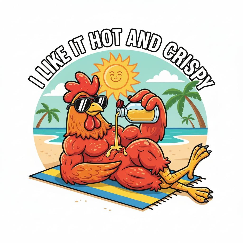 A high-quality cartoon-style rooster lies belly-down on a beach towel in a cheeky, relaxed pin-up pose, echoing the “I LIKE IT MOIST” turkey...