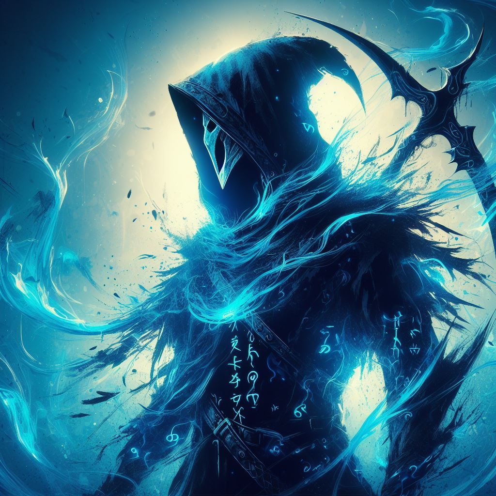 silhouette of a assassin, highlighted in glowing electric blue, runes on a jacket, Explosion of electric ink ethereal ghostly smoke, highly...