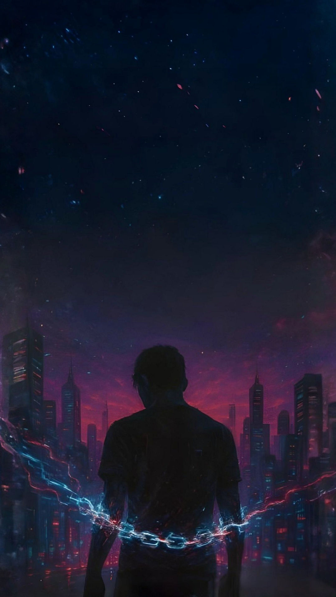 a hooded guy silhouette in neon shadows, wrists bound by glowing invisible chains of fractured light and glitch pixels. ...