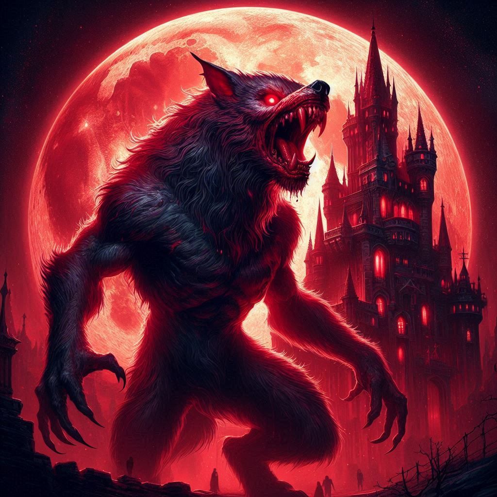 night, reddish full moon, castle, in front of it a snarling werewolf, fantasy art
