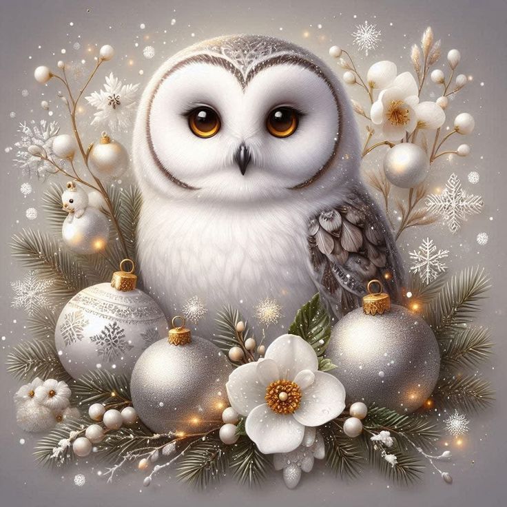 A winter owl in Christmas time, under a Christmas tree. - Start Image 1