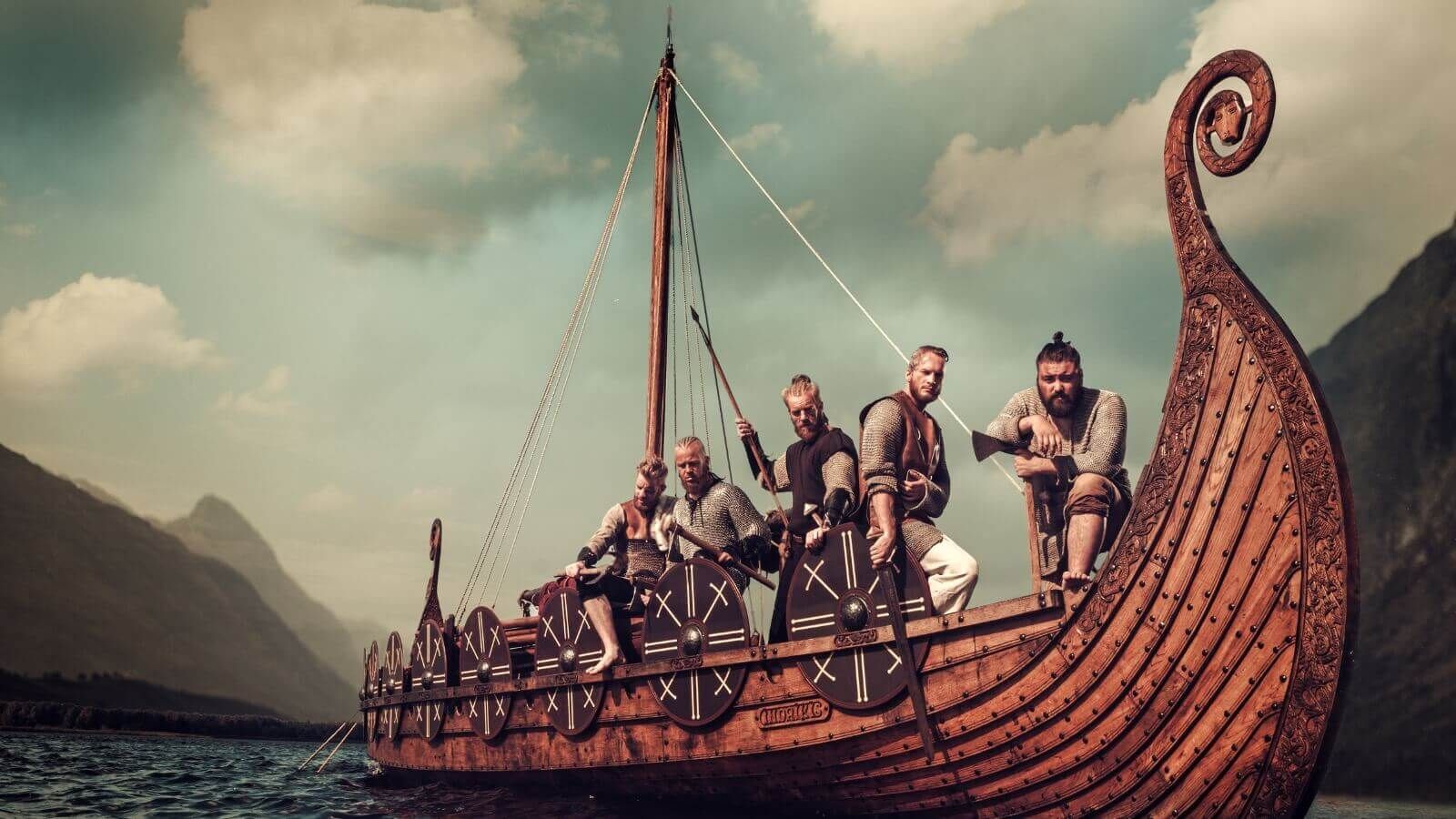 Viking sailing ship braves the wrath of a raging storm.