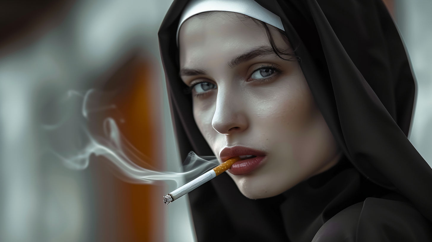 Photography of an extrimely arrogant beautifull and maniacal 30 y.o. Catholic nun as badass girl, attractive, curved shapes, relaxing, bored...