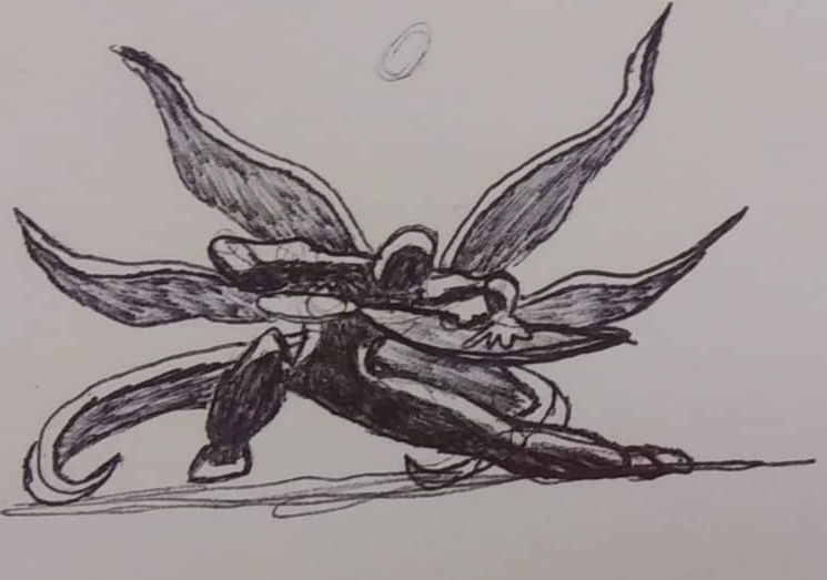 Aakino in silhouette with 6 burgundy wings and golden armor practices with a large  broadsword