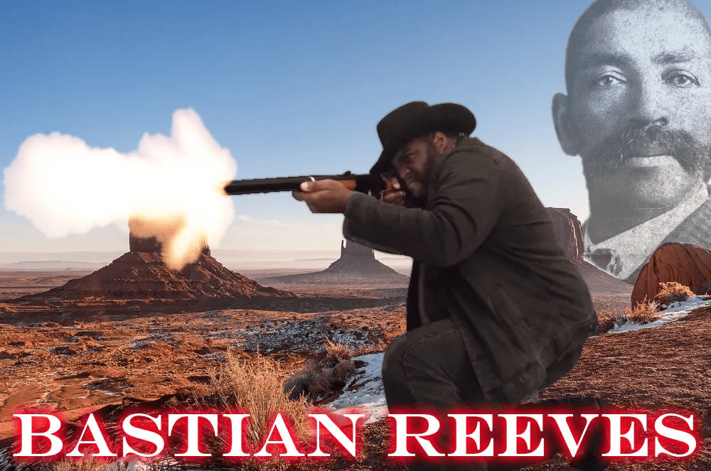 Black cowboy fires Henry rifle in the desert