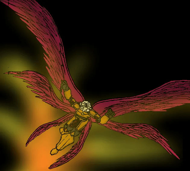 Angel with burgundy wings and gold armor fights against a large monster in the city