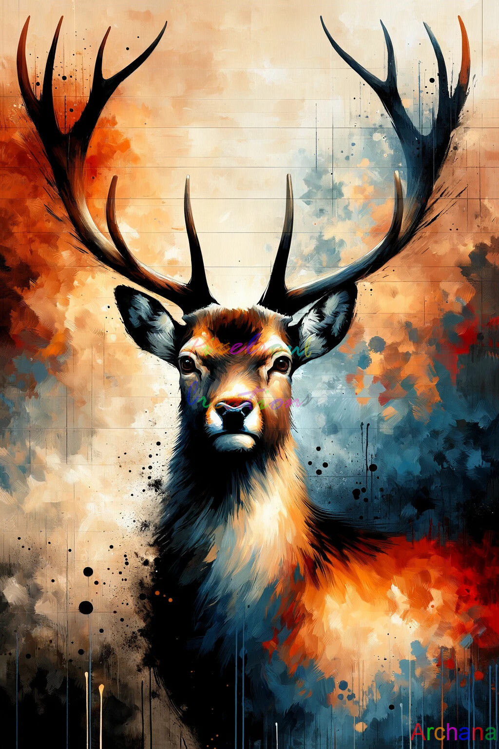 A beautiful and impressive stag, tall horns
A beautiful texture of brown, light blue, white and brown and a little yellow
Image style as in...