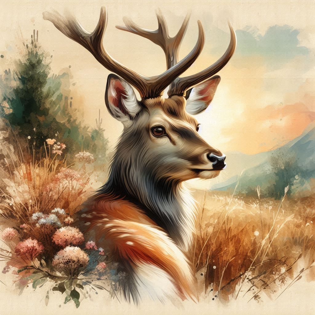 Watercolor illustration, noble stag, side profile in the background there is a mountain and on the other side cedar trees, next to the pictu...