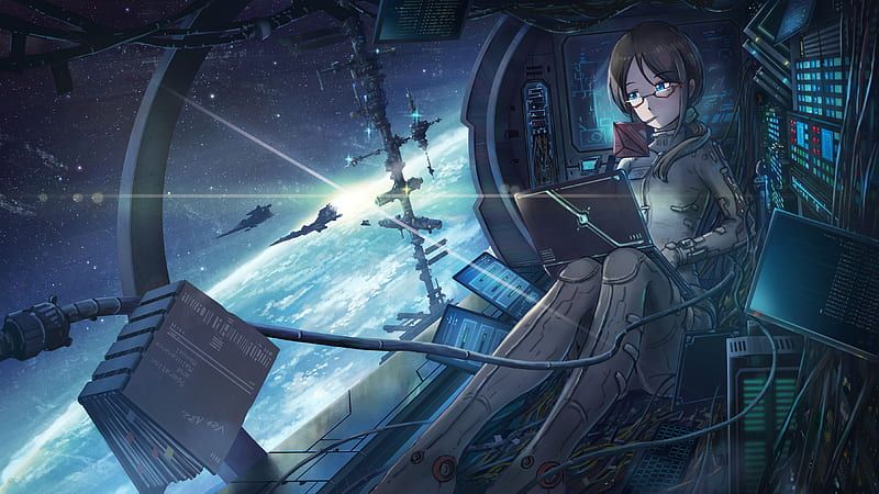 cute anime girl in a spaceship, blode hair, stockings, headphones ...