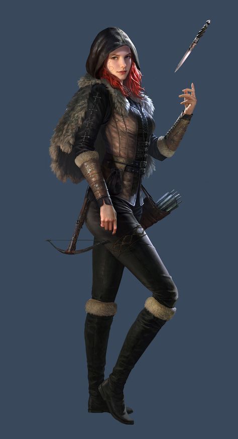 very pale Female elf rogue, with Long pointed ears. Long white hair with braids and deep violet undertones. A sly expression. Lean and thin...