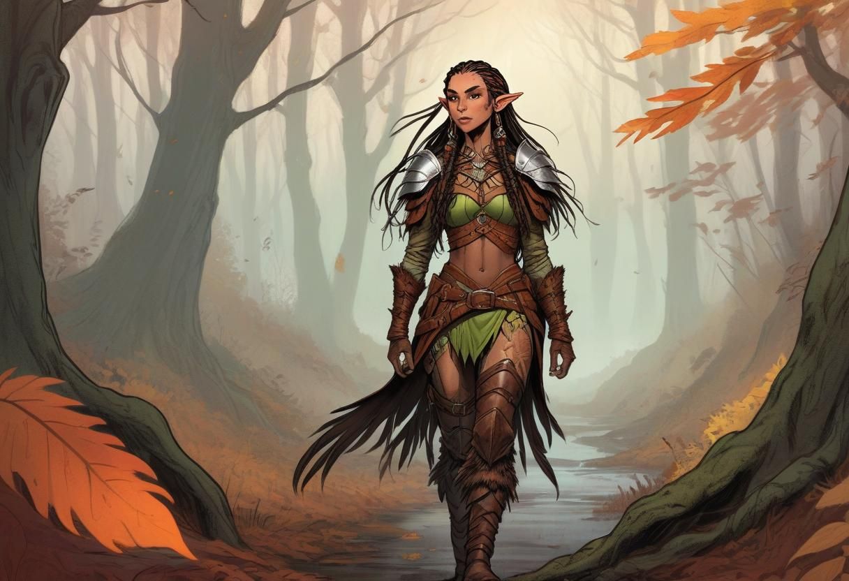 <lora:DnD:1.0> pale female elf, long braids, clad in Black leather and Feather armor, swords drawn, full body shot  deviant art  hyper detai...