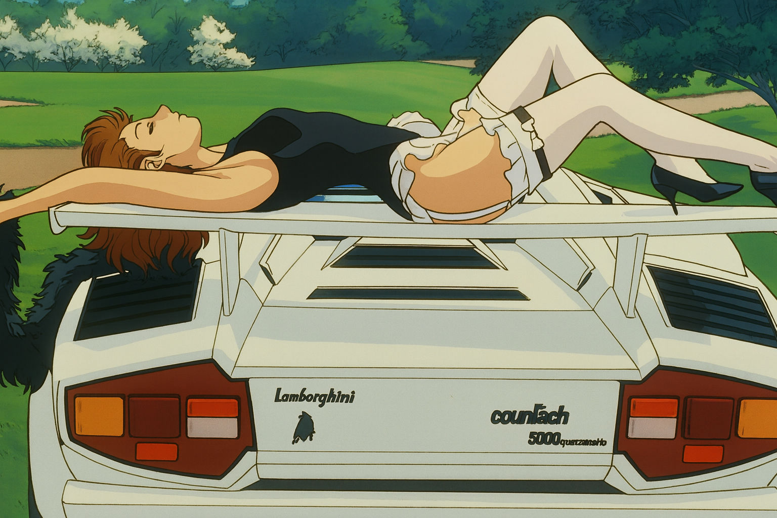 A beautiful model in a French maid swimsuit stretches and relaxes in the summer sun on the rear spoiler of a Lamborghini...