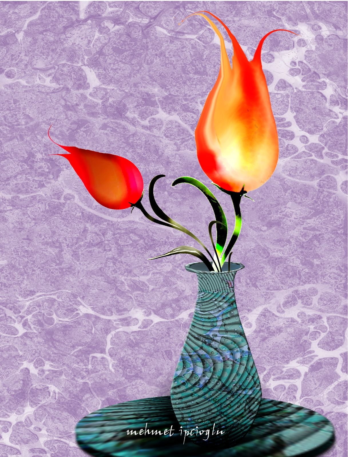 two tulips in the vase on  marbling abstract vector fractal, wave function, Zentangle, 3d shading