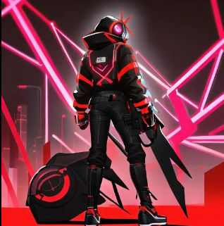 female character, black but red neon gas mask, cyber netrunner hood (black but neon red), neon red Sword In its Back, Red Mecha Cyber Jacket...