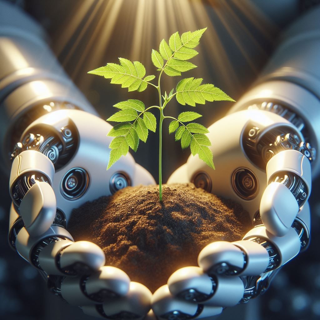Close-up shot of robot hands gently cradling a small neem tree seedling, with rays of sunlight filtering through the leaves. Focus on the de...