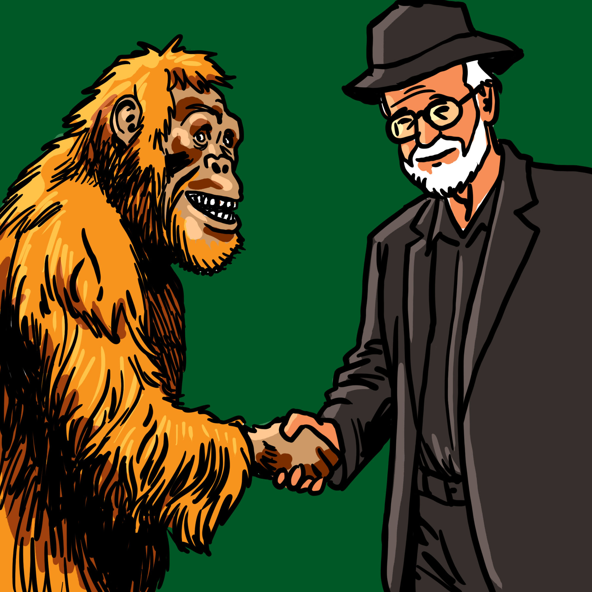 Sir Terry Pratchett shaking hands with an orangutan