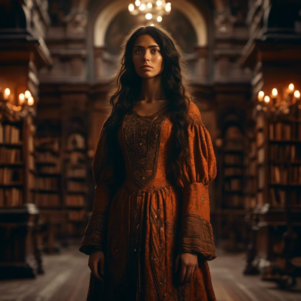 Incredible detail, 8k model of a beautiful librarian girl with dark hair in a messy bun, big hazel eyes, and olive skin, wearing a simple uk...