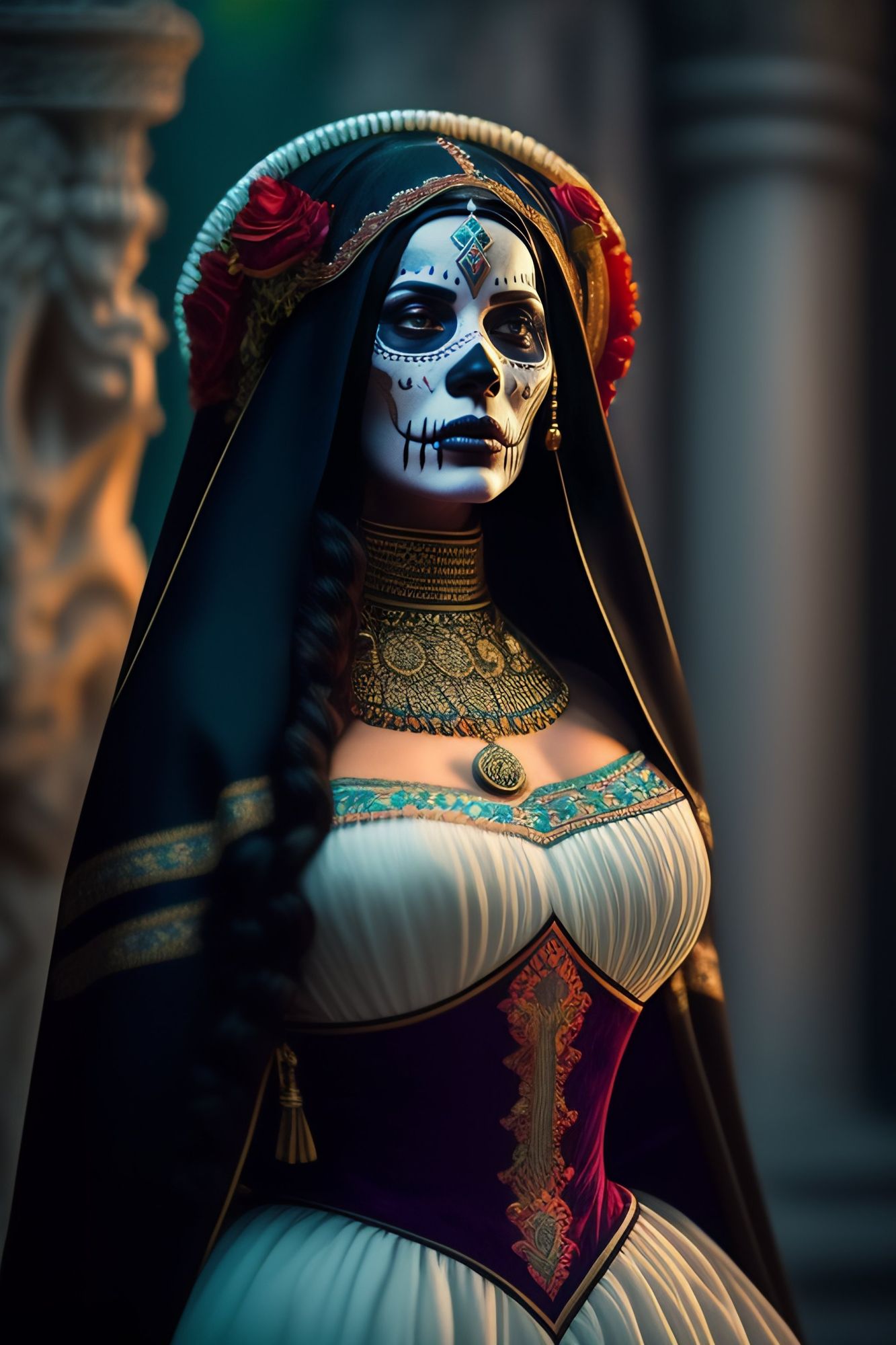  Mexican folk art. Medium shot. La Catrina stands in a vibrant marketplace. Close up. Diego Rivera style. Sugar skull makeup and marigold fl...