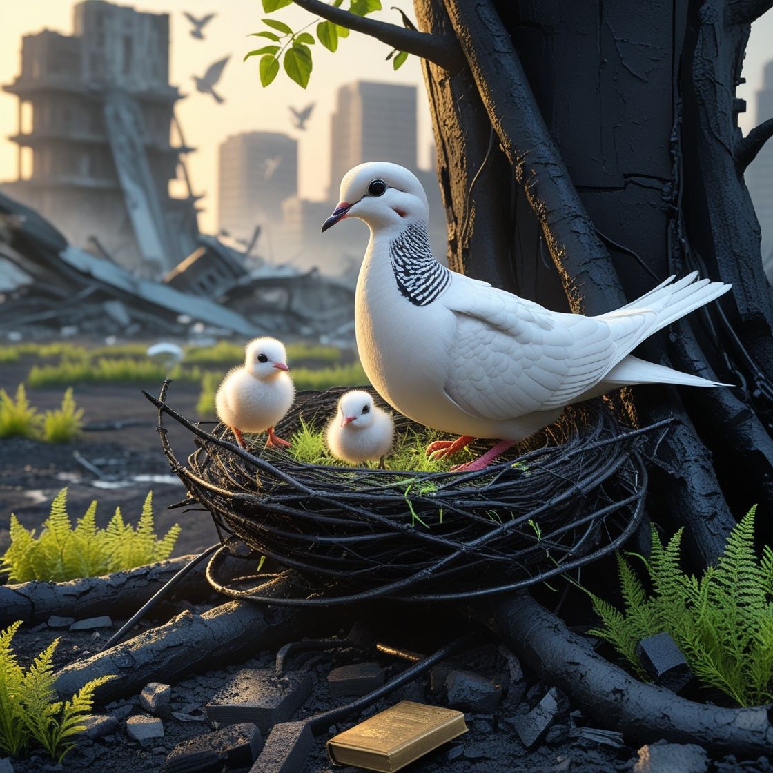 **1. Central image:**
A white collared dove (partially retaining the grey feathers on its head and a pale half-ring on its neck, as in an at...