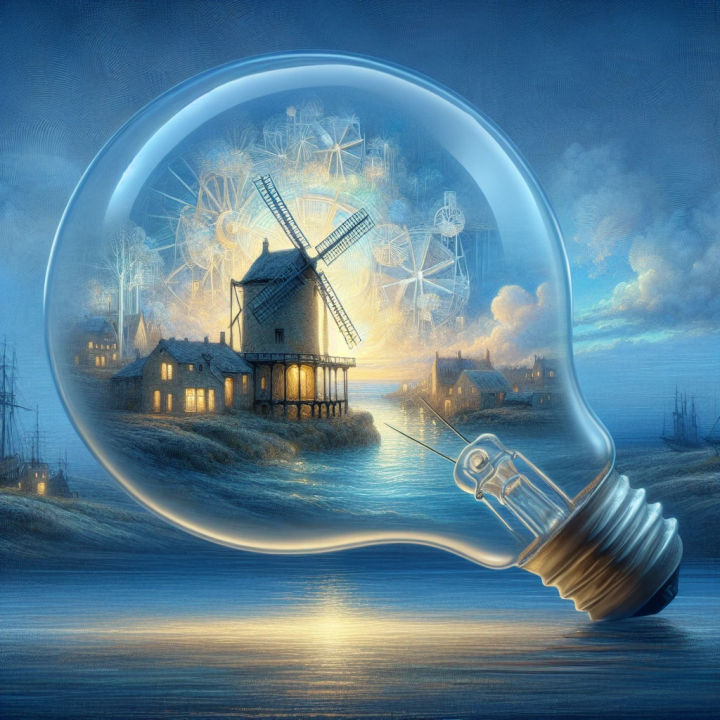 Create a big clear lightbulb with a historic watermill in the soft  evening light, by Arthur Rackham, Carne Griffiths and Caspar David Fried...