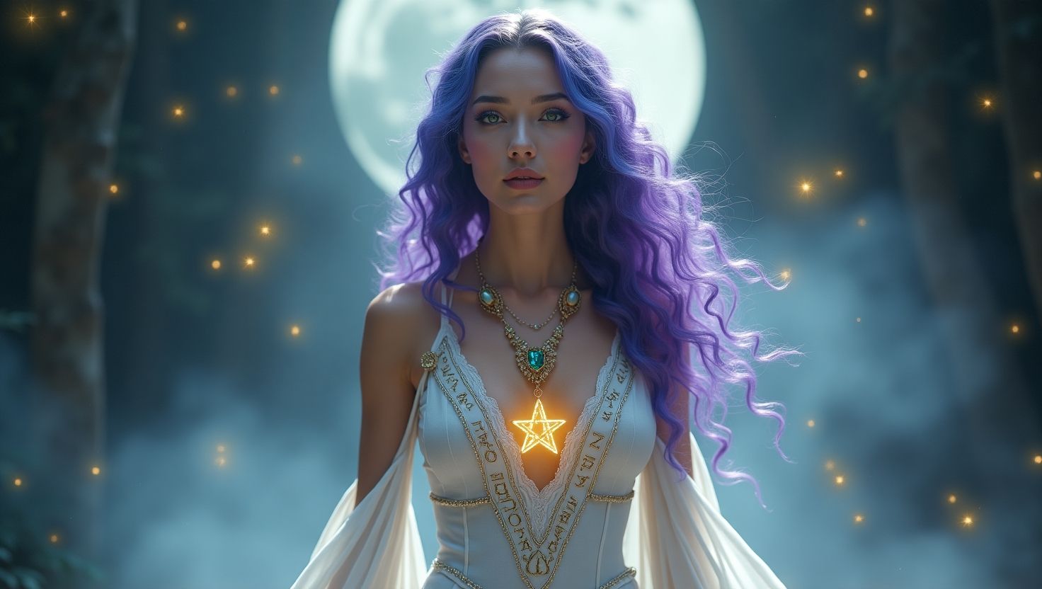 The celestial sorceress begins to channel her energy. A glowing light rises from her chest, and streams of magical parti...