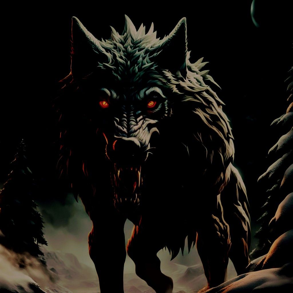 Wolf with it's head lowered looking to growing, full moon, cold, saliva, darkness