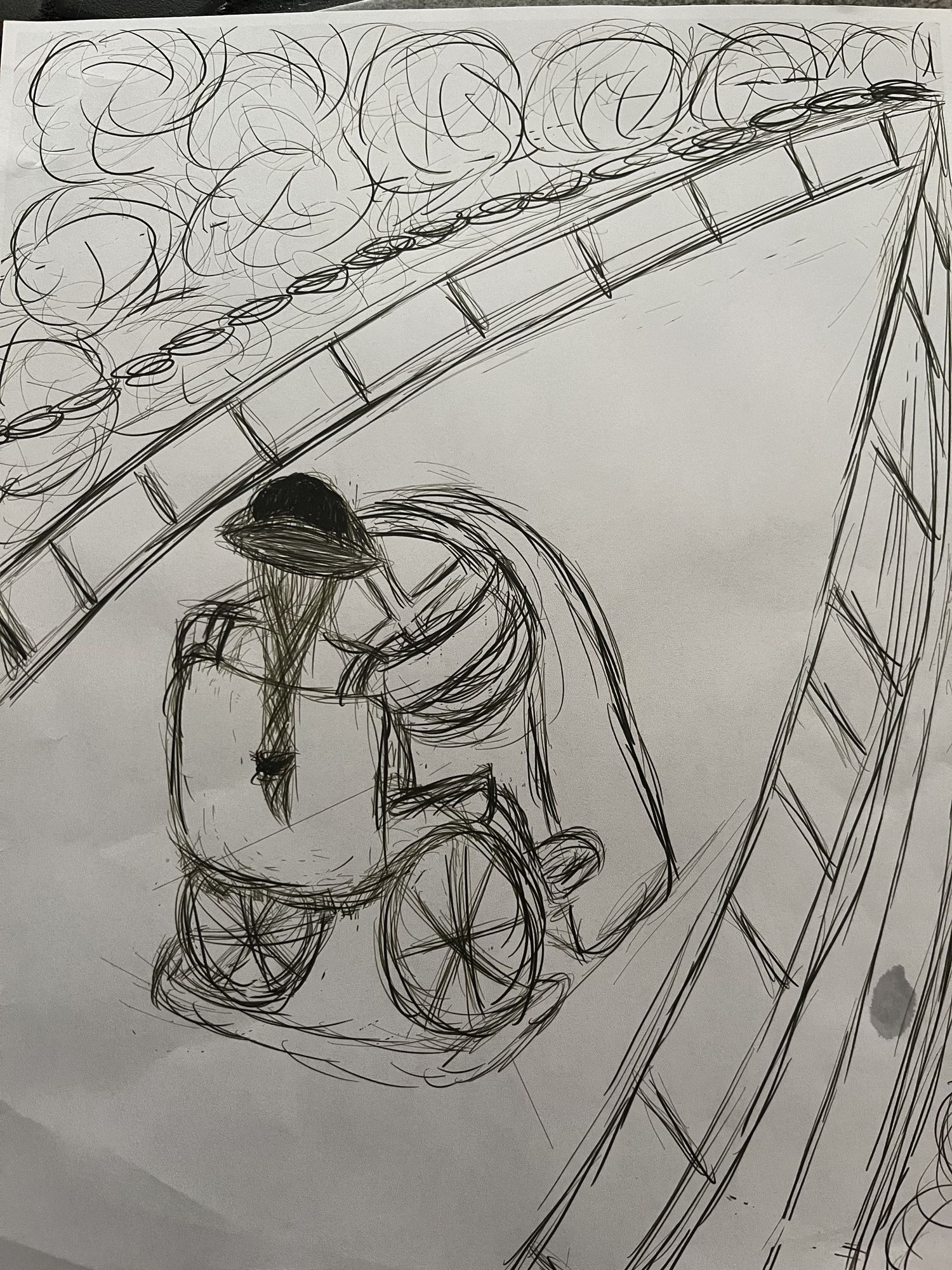 a woman in a wheelchair steers an 18th century ship through the sky. She is captain
