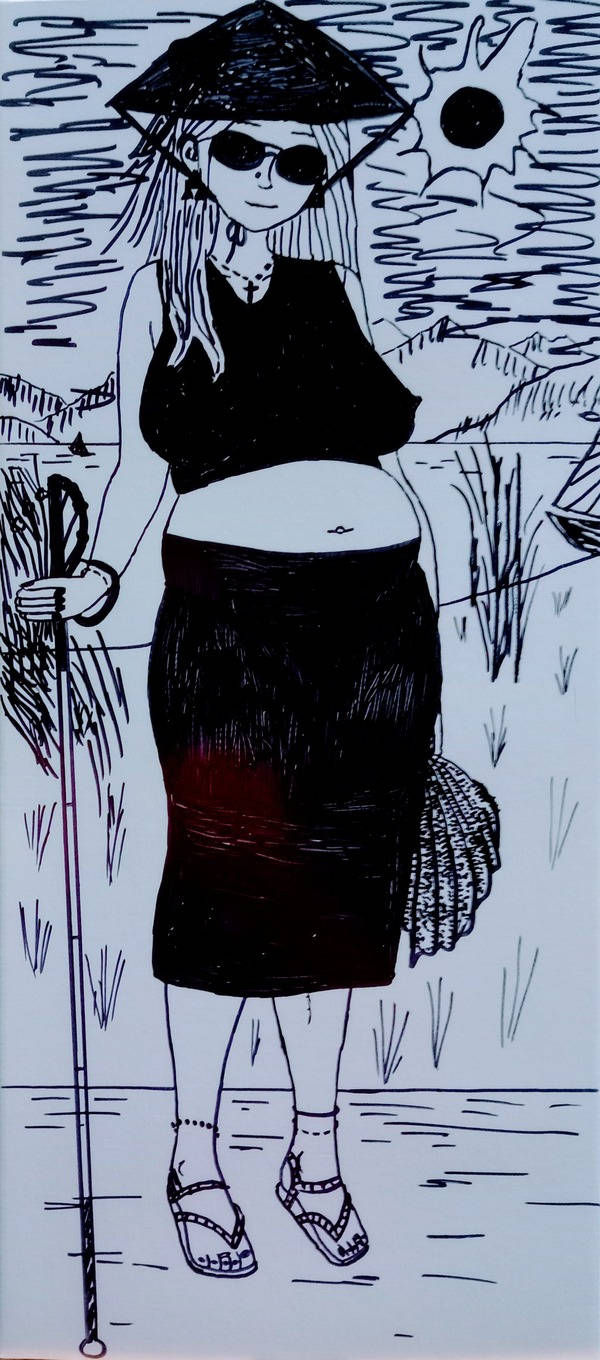 Blind lady wearing hat, sunglasses, suntop, skirt and beach sandals, holding white cane 🦯 Close-up portrait, color portrait, Linkedin profil...