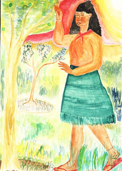 Blind girl smiling, eyes closed, wearing beach sandals, walks towards tree feeling for its branches detailed matte painting, deep color, fan...