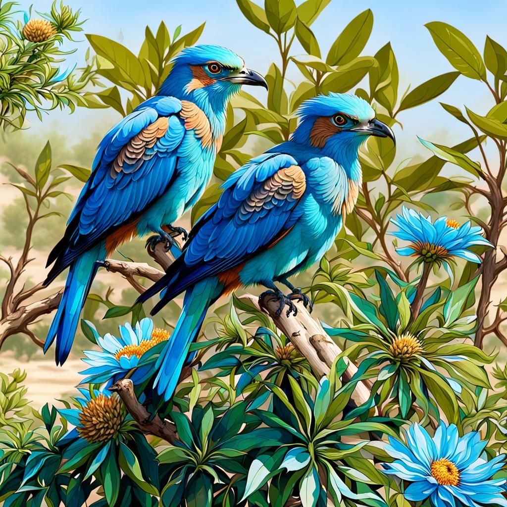 There are two beautiful Blue jay sitting in a tree with big beautiful yellow flowers. Big raindrops

