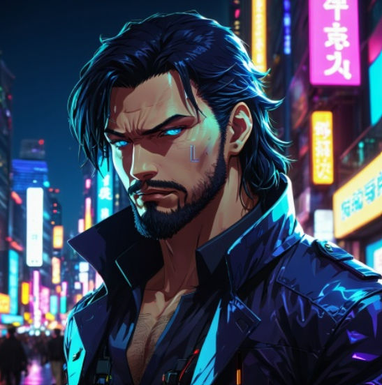 a good looking older dilf cyberpunk male detective with beautiful blue eyes and cybernetic enhancements cyberpunk anime auroracore spacecore...