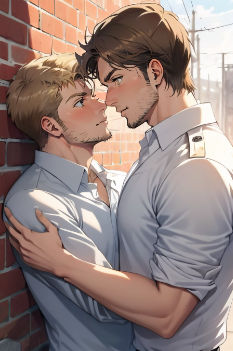 a good looking dilf professor kissing his  male collage student he has black hair ,beard stubble and green eyes