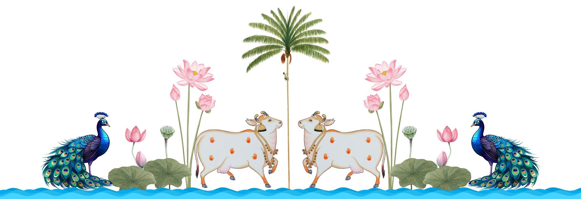 water lotus, COW  coconut tree bananatree leaf swan clouds sky birds 