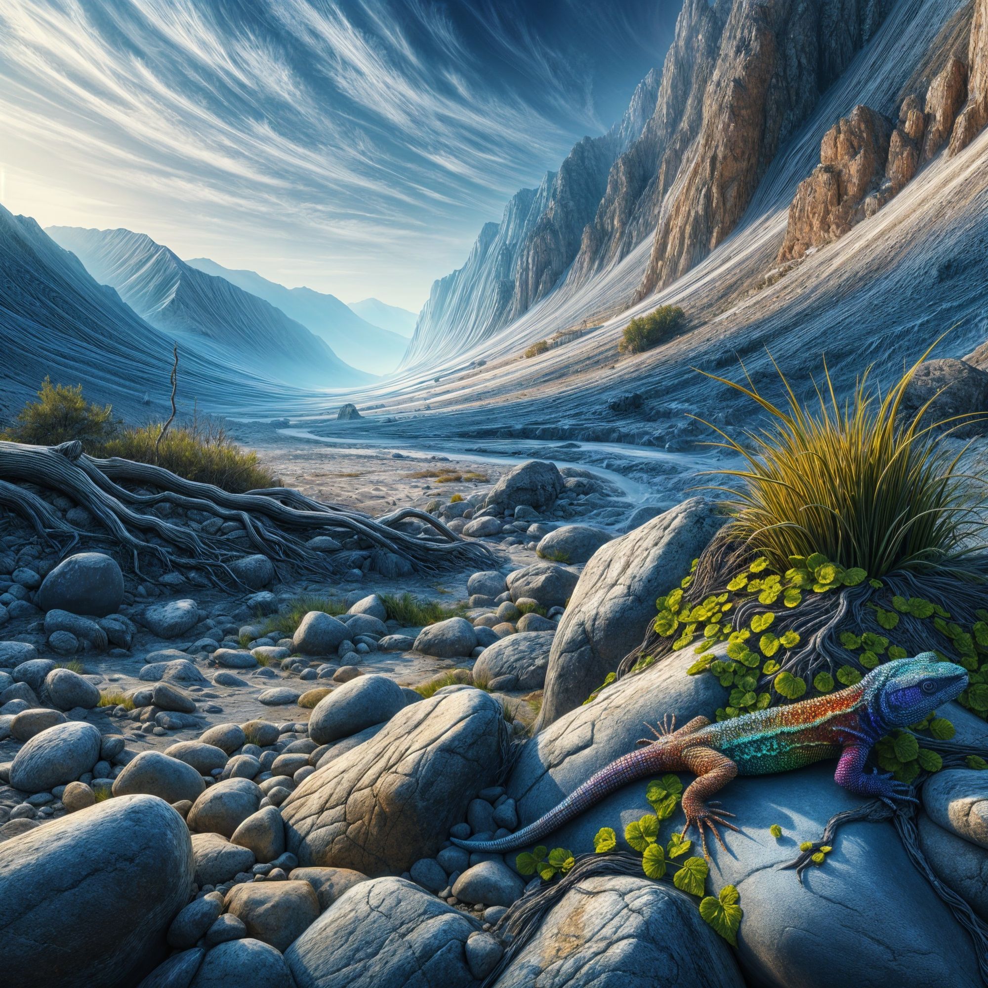 A detailed landscape of a rocky scree slope (Geröllhalde) with sparse vegetation, showcasing a vibrant and intricately textured lizard (Eide...