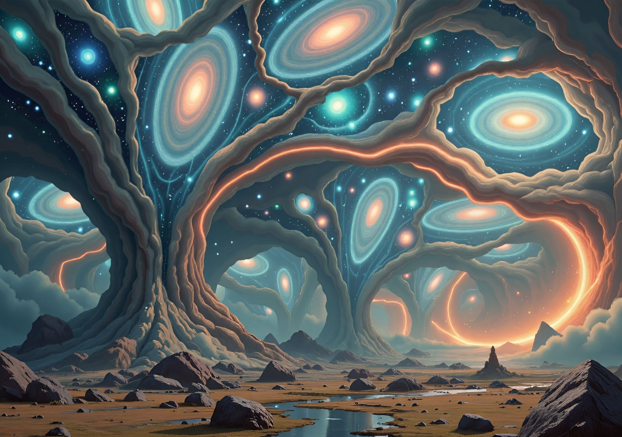 Surreal, visualized brain streams of the galaxy.
High contrast, digital art, surreal, HDR