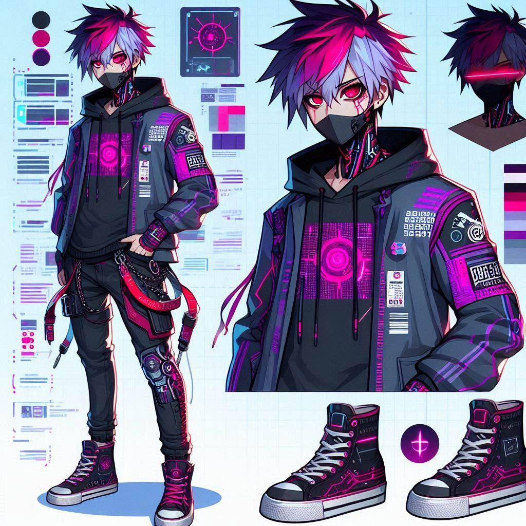 A 25 year old with magenta and black streaked neon indigo straight wild hair and magenta colored eyes is wearing a hoodie underneath a punk...