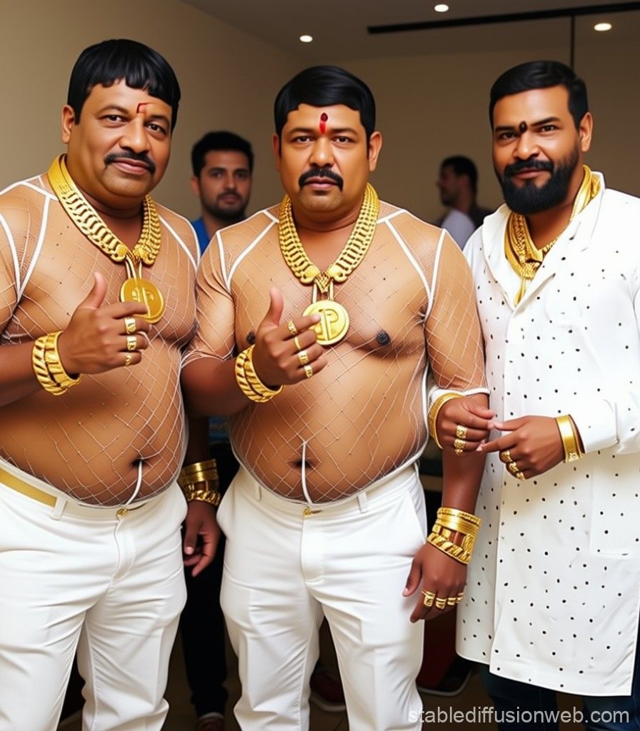 they all are wearing a tight mesh shirt, that could see through their bodies and lots of big thick Golden necklaces around their necks, ever...