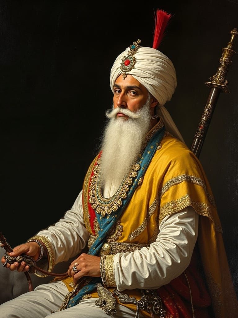 Create a photo where maharaja Ranjit Singh in this image is riding on the horse at peshawar 