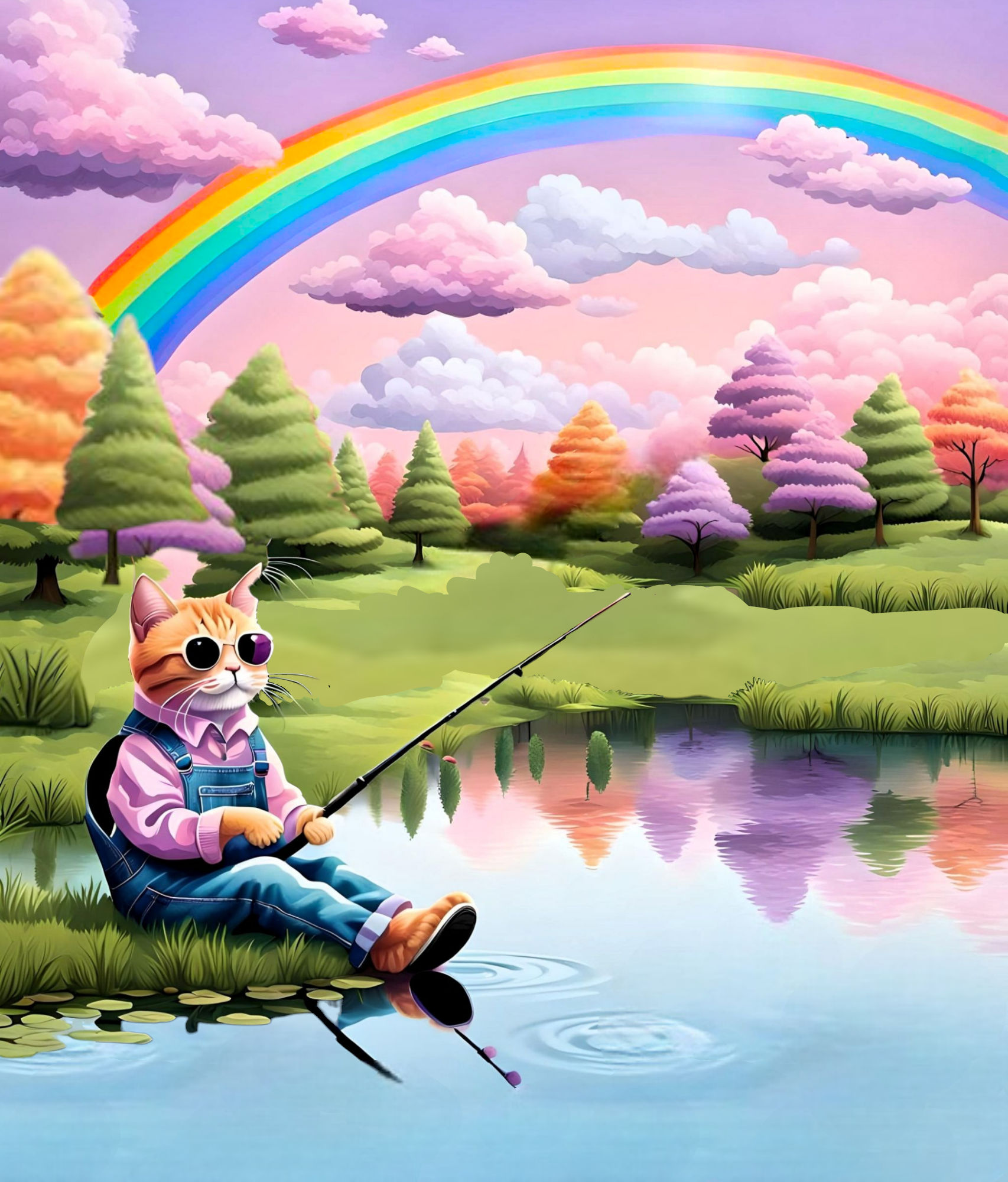 One cute gray tabby cat with a white face wearing denim bib overalls, a green shirt, and black sunglasses sitting on the edge of a reflectiv...