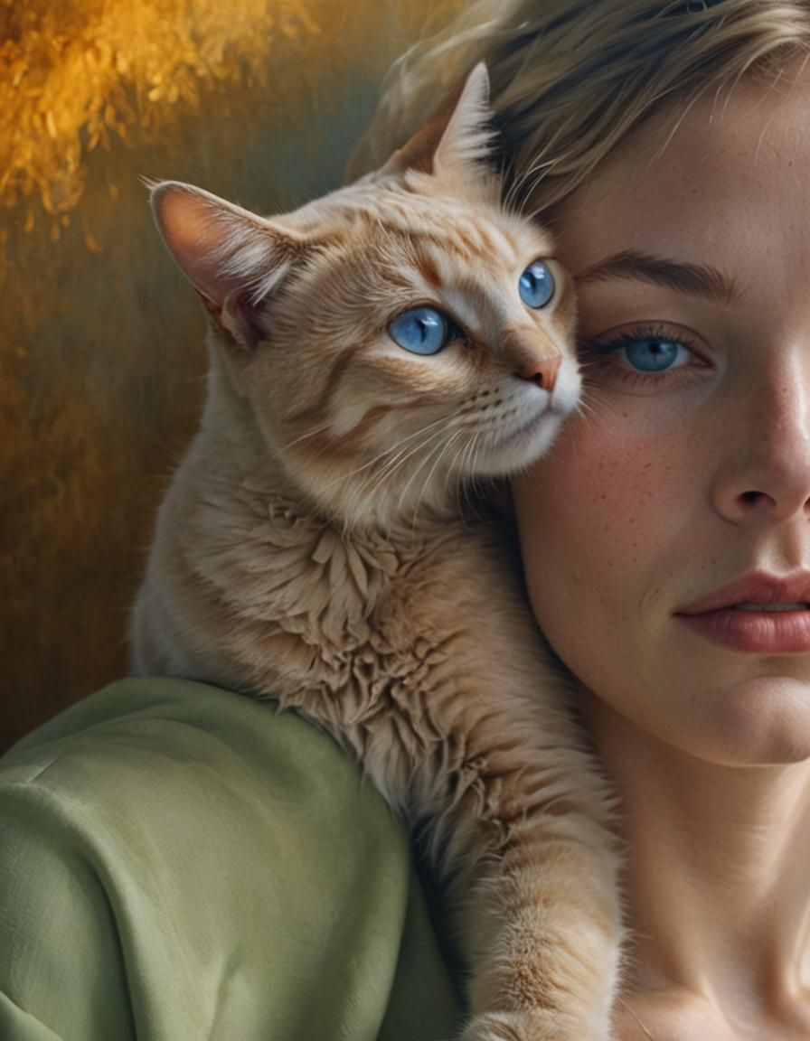 Digital color photography masterpiece, close-up portrait of a short-haired light blonde cat (with dark brown eyes: 6.0), nuzzling a woman wi...