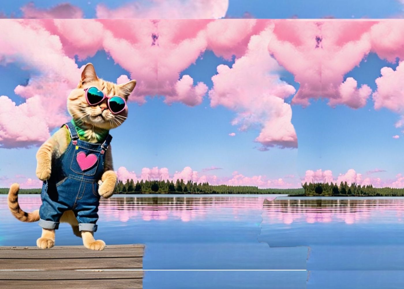 An anthromorphic blonde cat wearing denim overalls and black sunglasses standing on the dock of a reflective lake holding a fishing pole, wi...