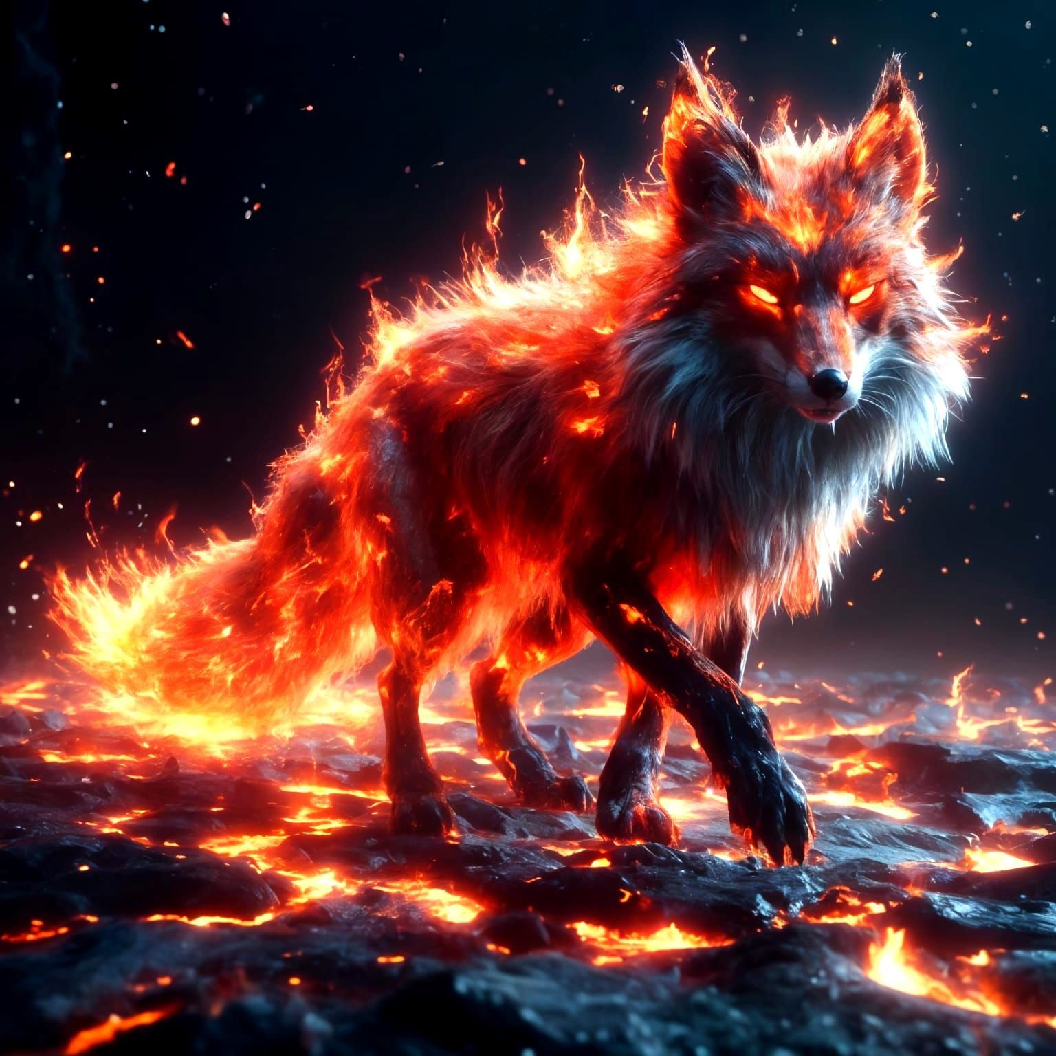 epic full-body representation of an epic orange tabby cat made of flames, walking gracefully and with his fierce eyes looking at the sky. Th...