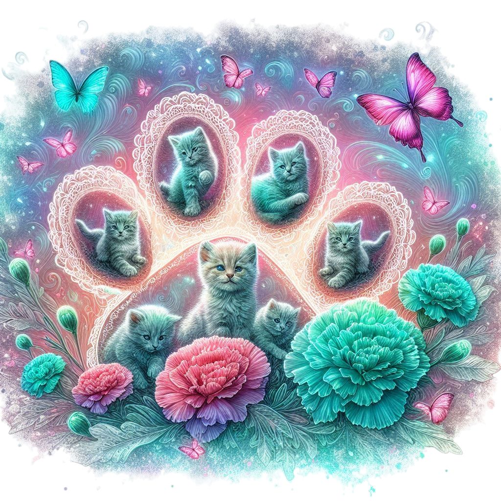 A digital WATERCOLOR masterpiece of a pawprint with small LACE border with short-haired (blonde kittens:9.0) ONLY etched inside, playing sle...
